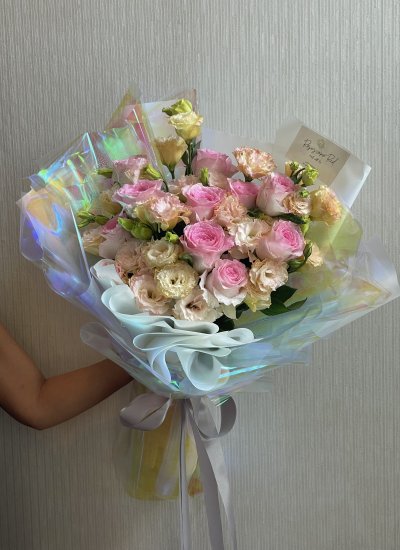 Pink Rose & Peach Lisianthus Bouquet Hologram Wrapping