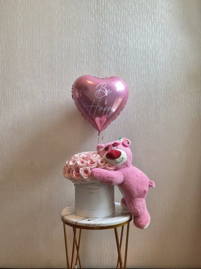 Hugging Teddy Pink and White Roses Box