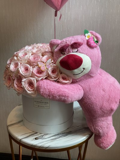 Hugging Teddy Pink and White Roses Box