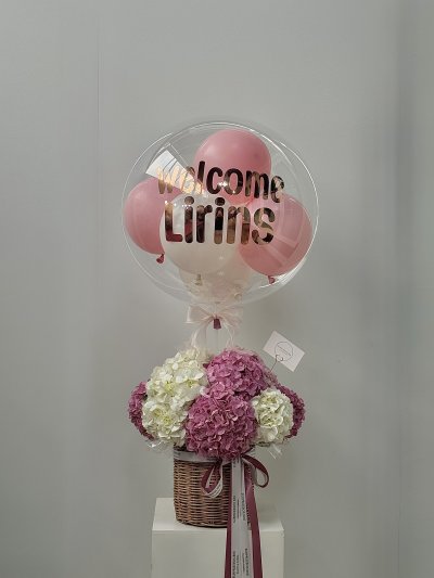 Pink Welcome Baby Hydrangea Basket Balloon Set