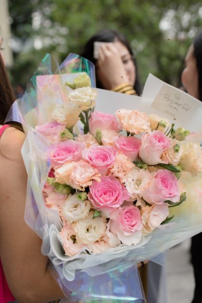 Pink Rose & Peach Lisianthus Bouquet Hologram Wrapping