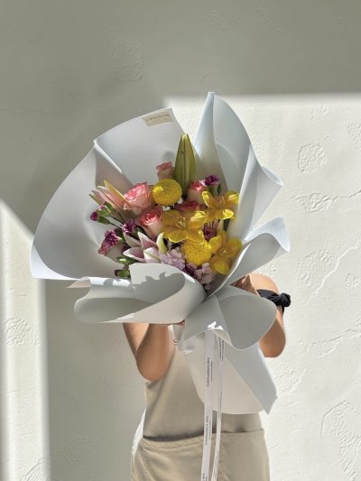 Bright Delight Colorful Bouquet with Tulips & Lily