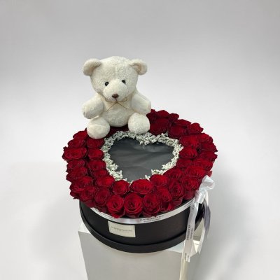 Red Roses Burning Box with Teddy