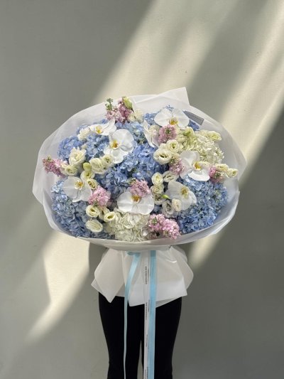 Blue Hydrangea Orchid Ocean Blush Bouquet XL