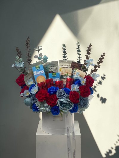 Snacks Box Blue Red Gold Themed | Artificial Flowers