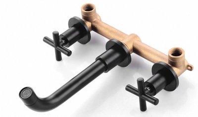 Wall spout + Cross taps Polished Brass