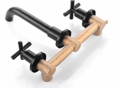 Wall spout + Cross taps Polished Brass