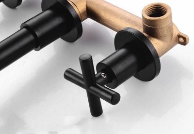 Wall spout + Cross taps Polished Brass