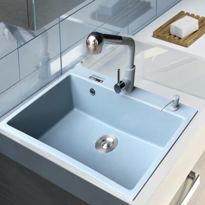 Fog Blue Quartz Stone Kitchen Sink, complete with a vegetable basin and hand-washing basin. Can be installed as both undermount and countertop. Solid, durable construction.