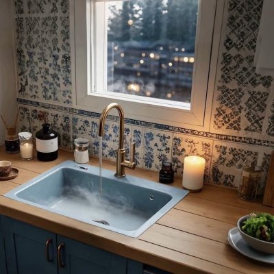 Fog Blue Quartz Stone Kitchen Sink, complete with a vegetable basin and hand-washing basin. Can be installed as both undermount and countertop. Solid, durable construction.