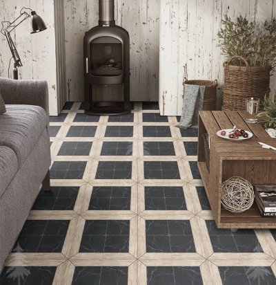 A vintage-style floral tile combining marble textures with wood grain design
