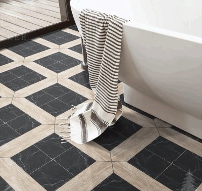 A vintage-style floral tile combining marble textures with wood grain design