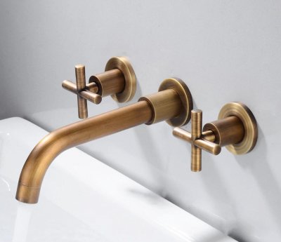 Wall spout + Cross taps Antique Brass