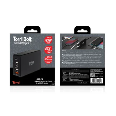 TorriiBolt 5 Ports Charging Hub with USB-C PD - Black