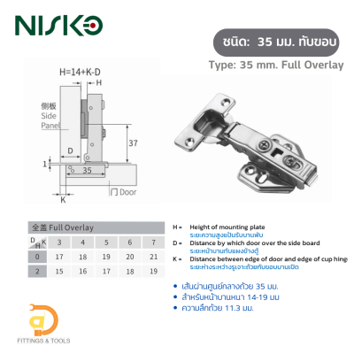 บานพับถ้วยสเตนเลส 201 ขนาด 35-40 มม ปิดนุ่มนวล แพ็ค 2 ชิ้น (35-40 mm. Stainless Steel Soft-closing Cabinet Hinge, 2 pcs./pack)