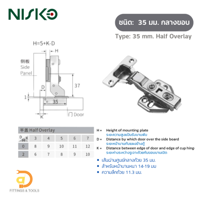 บานพับถ้วยสเตนเลส 201 ขนาด 35-40 มม ปิดนุ่มนวล แพ็ค 2 ชิ้น (35-40 mm. Stainless Steel Soft-closing Cabinet Hinge, 2 pcs./pack)