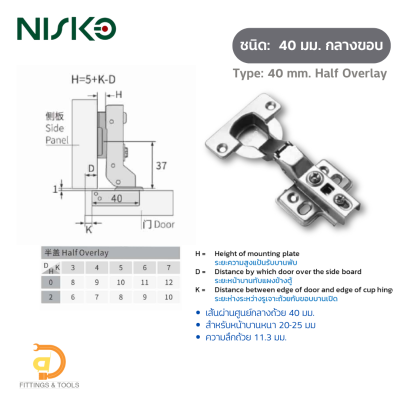บานพับถ้วยสเตนเลส 201 ขนาด 35-40 มม ปิดนุ่มนวล แพ็ค 2 ชิ้น (35-40 mm. Stainless Steel Soft-closing Cabinet Hinge, 2 pcs./pack)