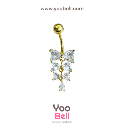 จิวสะดือ ริบบิ้นหัวใจ3ชั้น ห้อยเพชรหยดนํ้า