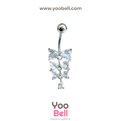 จิวสะดือ ริบบิ้นหัวใจ3ชั้น ห้อยเพชรหยดนํ้า