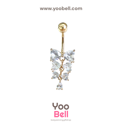 จิวสะดือ ริบบิ้นหัวใจ3ชั้น ห้อยเพชรหยดนํ้า