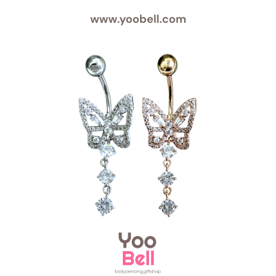 จิวสะดือ ผีเสื้อ ห้อยเพชรสามชิ้น