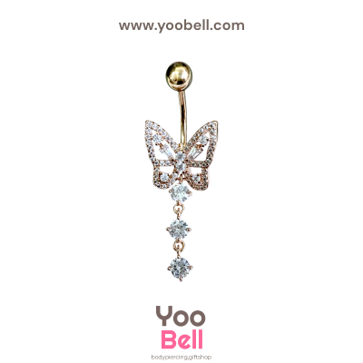 จิวสะดือ ผีเสื้อ ห้อยเพชรสามชิ้น