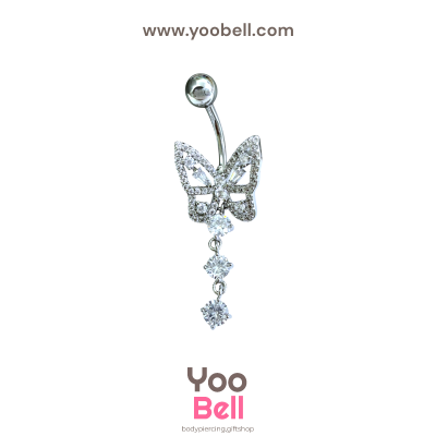 จิวสะดือ ผีเสื้อ ห้อยเพชรสามชิ้น