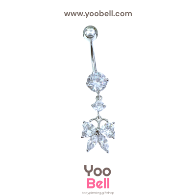 จิวสะดือ ริบบิ้น ห้อยเพชรกลม 2 ชั้น