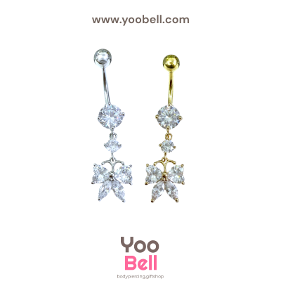 จิวสะดือ ริบบิ้น ห้อยเพชรกลม 2 ชั้น