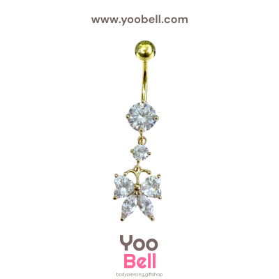 จิวสะดือ ริบบิ้น ห้อยเพชรกลม 2 ชั้น