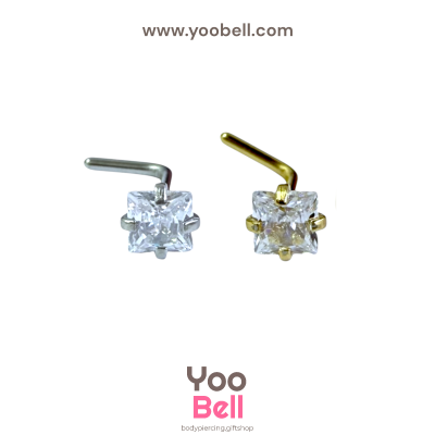 จิวจมูก ก้านตัวแอล Stainless Steel ก้าน0.8mm เพชรสี่เหลี่ยม