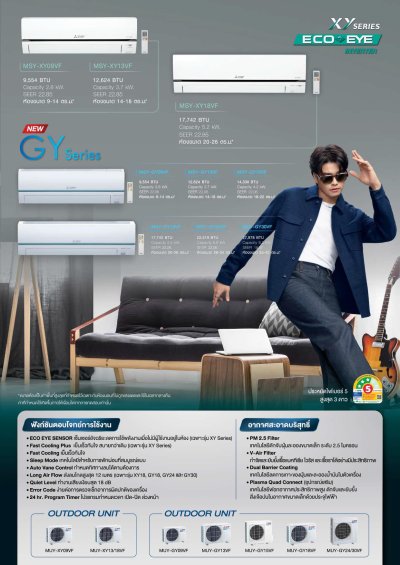 เครื่องปรับอากาศ ยี่ห้อ มิตซูบิชิ อิเล็คทริค มิสเตอร์สลิม แบบติดผนัง ระบบอินเวอร์เตอร์ INVERTER  รุ่น  Eco Eye Inverter MODEL MSY-XY/MUY-XY ใหม่ล่าสุด 2024  R-32