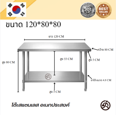 โต๊ะสแตนเลส เกรด 201 แข็งแรงทนทาน รับประกันคุณภาพจากประเทศเกาหลี ขนาด 120*60*80 // 120*70*80 // 120*80*80