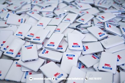 พิมพ๋โลโก้ลงบนพาวเวอร์แบงค์ สีขาว ลาย THAI-DENMARK 