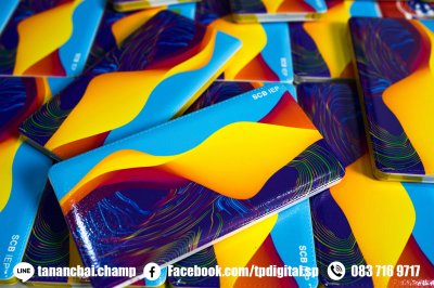 งานสกรีนโลโก้ลงบน Power Bank สกรีนลายตามตำแหน่งที่ต้องการ พิมพ์ด้วยหมึก uv ด้วนระบบสี C M Y K W Cr Primer