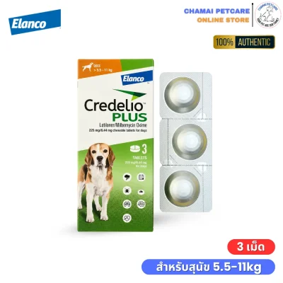 กล่องยาเม็ดเคี้ยว Credelio PLUS ป้องกันเห็บหมัดและพยาธิหนอนหัวใจสำหรับสุนัขน้ำหนักมากกว่า 5.5 ถึง 11 กิโลกรัม Chamai Petcare
