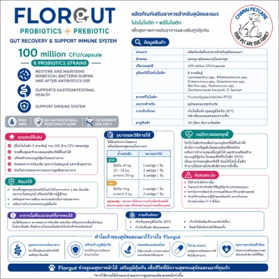 Florgut Probiotic | อาหารเสริมโพรไบโอติก พรีไบโอติก สำหรับสุนัขพันธุ์เล็กและแมว ชนิดแคปซูล (30 แคปซูล)