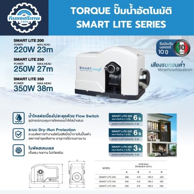 TORQUE ปั๊มน้ำอัตโนมัติเสียงเงียบ SMART LITE 200/250/350 พร้อม Flow Switch ระบบตัดน้ำแห้ง