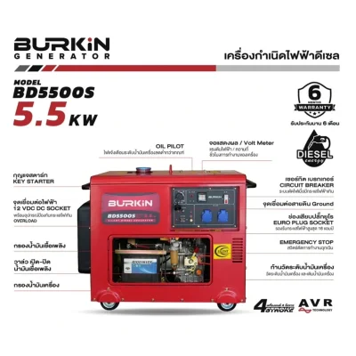 BURKiN เครื่องปั่นไฟดีเซลแบบปิด 5.5 KW 220V รุ่น BD5500S BURKiN เครื่องปั่นไฟดีเซลแบบปิด 5.5 KW 220V รุ่น BD5500S