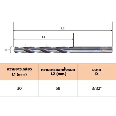 HY ดอกสว่านเจาะเหล็ก (นิ้ว) HSS สีขาว ขนาด 3/32" สำหรับเจาะเหล็ก เจาะไม้ | แพ็ค x 10 ชิ้น