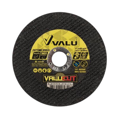 VALU แผ่นตัดเหล็ก ขนาด 4 นิ้ว หนา 1 มม. สำหรับตัดเหล็ก วัสดุที่ผลิต เม็ดทราย สูตร A60SBF (ยกกล่อง 50 ใบ)