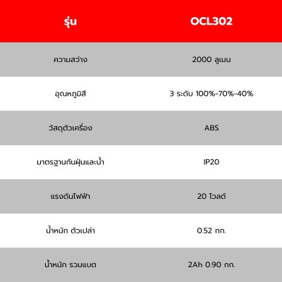 OSUKA ไฟฉายหัวยาวไร้สาย 20V รุ่น OCL302 สว่าง 2000 lm