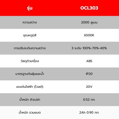 ไฟฉายหัวโตไร้สาย 20V OSUKA รุ่น OCL303 ไฟฉายหัวโตไร้สาย 20V OSUKA รุ่น OCL303