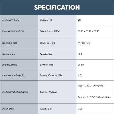 เครื่องเจียรไร้สาย 20V 4" ROWEL รุ่น DGD100 เครื่องเจียรไร้สาย 20V 4" ROWEL รุ่น DGD100