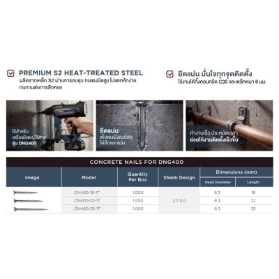 ROWEL CN400 ตะปูยิงคอนกรีตสำหรับเครื่องยิงตะปู ROWEL DNG400 มีให้ลือก 3 ขนาด 19mm, 22mm, 25mm