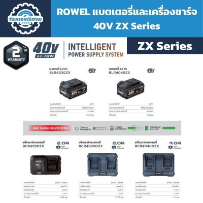 แบตเตอรี่และเครื่องชาร์จ ROWEL 40V ZX Series รุ่น BLR4020ZX, BLR4040ZX และเครื่องชาร์จแบบช่องเดี่ยวและช่องคู่