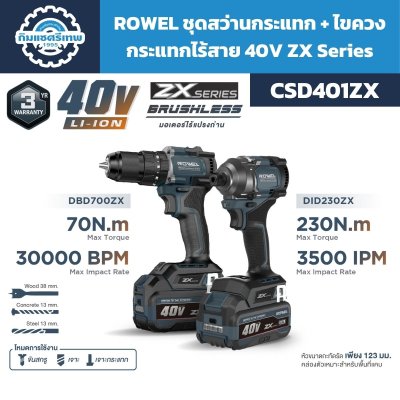 ชุดสว่าน+ไขควงกระแทกไร้สาย ROWEL CSD401ZX