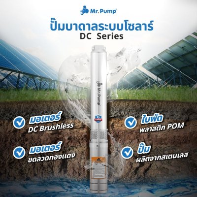 ปั๊มบาดาลโซล่าเซลล์ DC บ่อ 4" 1100 วัตต์ รูน้ำ 2 นิ้ว 11 ใบพัด รุ่น 6DC96/1100-4