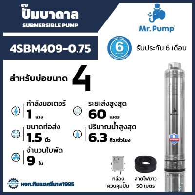 ปั๊มบาดาล Mr.Pump รุ่น 4SBM409-0.75