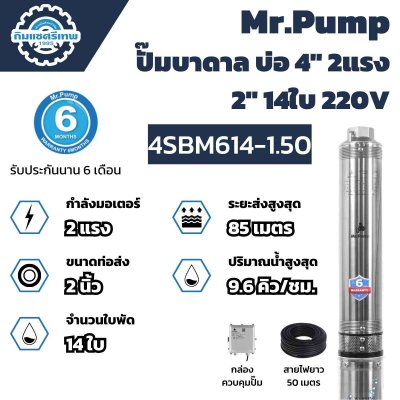 Mr.Pump ปั๊มบาดาล บ่อ 4" 2 แรง 2" 14 ใบพัด 4SBM614-1.50